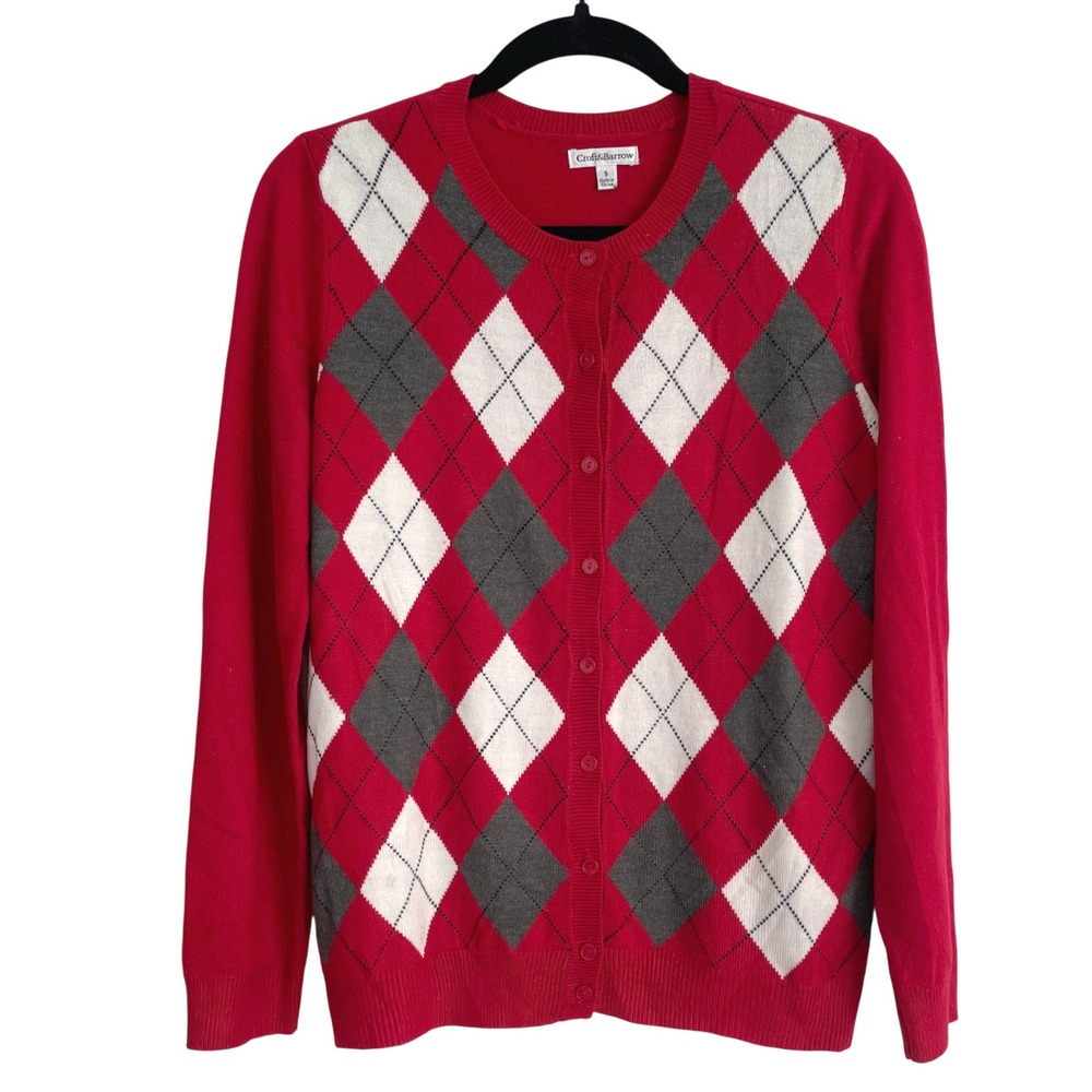 Croft & Barrow Womens Red Argyle Button Front Cardigan Sweater Size S